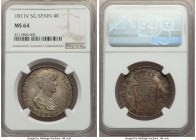 Ferdinand VII 4 Reales 1811 V-SG MS64 NGC, Valencia mint, KM453.2. Three year type. Olive, rose and gold toning. Some softness in strike at base of cr...