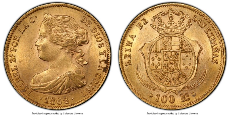 Isabel II gold 100 Reales 1862 MS63 PCGS, Barcelona mint (8 point star), KM605.1...