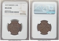 Carl XIV Johan 1/4 Skilling 1819 MS63 Brown NGC, KM595. Icy blue toning over chocolate surfaces with trace amount of red peering from recessed areas o...