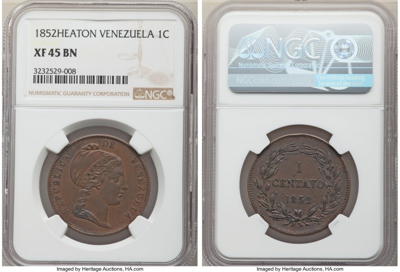 Republic Centavo 1852-H XF45 Brown NGC, Heaton mint, KM-Y3.2. HEATON spelled out...