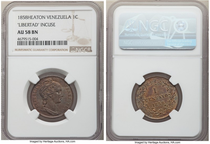 Republic Centavo 1858-H AU58 Brown NGC, Heaton mint, KM-Y7. Libertad incuse vari...