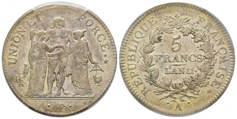 Premier Consul 1799-1804 
5 Francs Union et Force, Paris, AN 11 A, AG 25 g. Ref ...