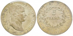Premier Consul 1799-1804
5 Francs Premier Consul, Bayonne, AN 12 L, AG 25 g.
Ref : G.577
Conservation : PCGS AU53
