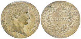 Premier Empire 1804-1814
5 Francs, Bayonne 1807 L, AG 25 g.
Ref : G.583
Conservation : PCGS AU53