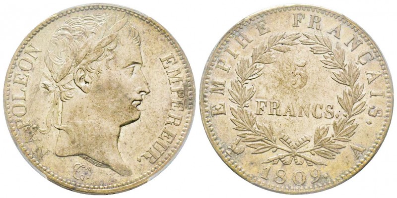 Premier Empire 1804-1814
5 Francs, Paris, 1809 A, AG 25 g.
Ref : G.584
Conservat...