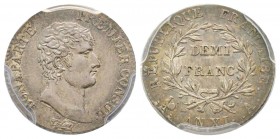 Premier Consul 1799-1804
Demi Franc, Paris, AN XI A, AG 2.5 g.
Ref : G.442
Conservation : PCGS Genuine
