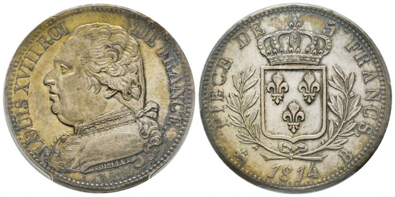 Louis XVIII, 1815-1824
5 Francs, Rouen, 1814 B, AG 25 g.
Ref : G.591
Conservatio...