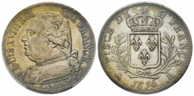 Louis XVIII, 1815-1824
5 Francs, Rouen, 1814 B, AG 25 g.
Ref : G.591
Conservation : PCGS MS63. Magnifique exemplaire avec patine de médailler.