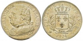 Louis XVIII 1814-1815
5 Francs, Perpignan, 1814 Q, AG 25 g.
Ref : G.591
Conservation : PCGS AU55