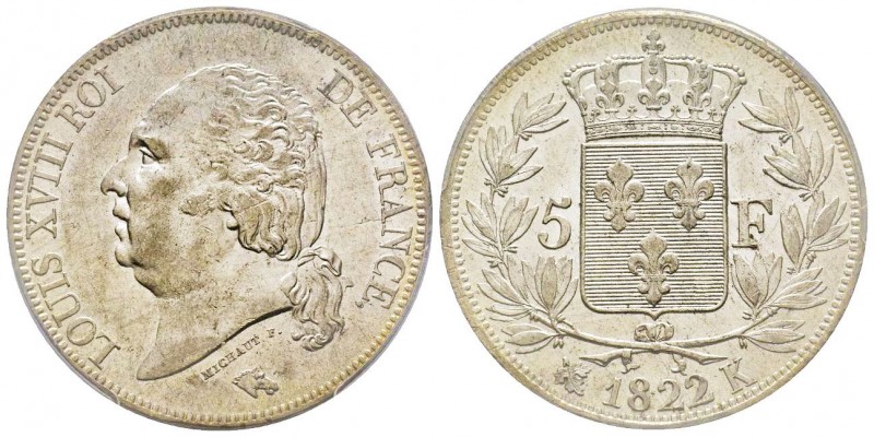 Louis XVIII 1814-1815
5 Francs, Bordeaux, 1822 K, AG 25 g.
Ref : G.614
Conservat...