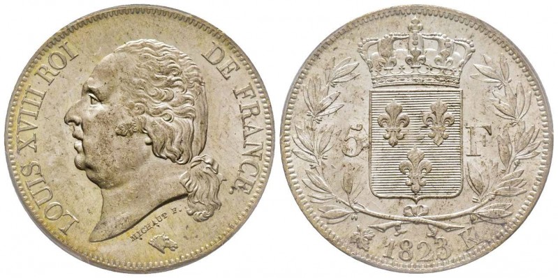 Louis XVIII 1814-1815
5 Francs, Bordeaux, 1823 K, AG 25 g.
Ref : G.614
Conservat...