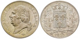 Louis XVIII 1814-1815
5 Francs, Bordeaux, 1823 K, AG 25 g.
Ref : G.614
Conservation : PCGS MS63. Avec tout son brillant d'origine.