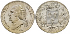 Louis XVIII 1814-1815
5 Francs, Bayonne, 1824 L, AG 25 g.
Ref : G.614
Conservation : PCGS MS63. Exemplaire magnifique