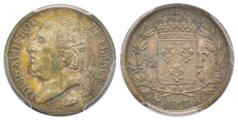 Louis XVIII 1815-1824 
1/2 Franc, Paris, 1817 A, AG 2.5 g.
Ref : G.401
Conservat...