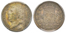 Louis XVIII 1815-1824 
1/2 Franc, Paris, 1817 A, AG 2.5 g.
Ref : G.401
Conservation : PCGS MS64. Magnifique patine