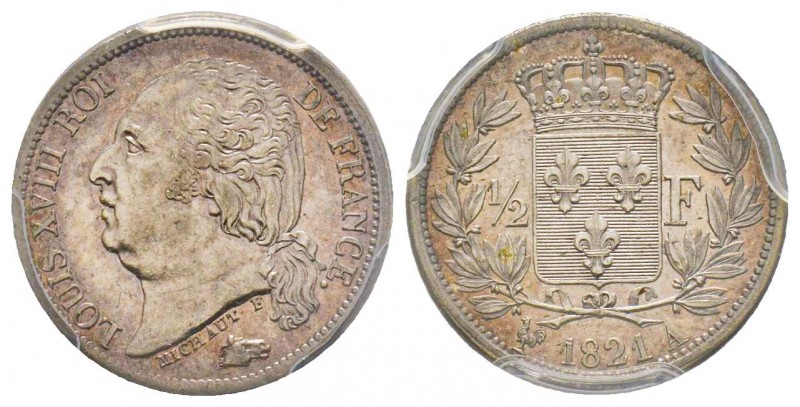 Louis XVIII 1815-1824 
1/2 Franc, Paris, 1821 A, AG 2.5 g.
Ref : G.401
Conservat...