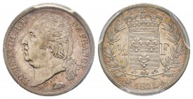 Louis XVIII 1815-1824 
1/2 Franc, Paris, 1821 A, AG 2.5 g.
Ref : G.401
Conservation : PCGS AU53. Rare