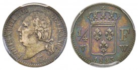 Louis XVIII 1815-1824 
1/4 Franc, Lille, 1823 W, AG 1.25 g.
Ref : G.352
Conservation : PCGS MS62. Très belle patine foncée