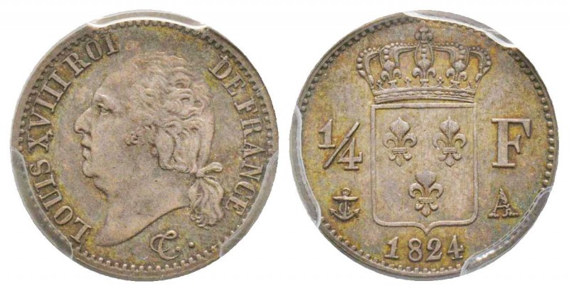 Louis XVIII 1815-1824
1/4 Franc, Paris, 1824 A, AG 1.25 g.
Ref : G.352
Conservat...