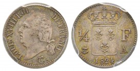 Louis XVIII 1815-1824
1/4 Franc, Paris, 1824 A, AG 1.25 g.
Ref : G.352
Conservation : PCGS MS64
Deuxième plus haut exemplaire gradé.