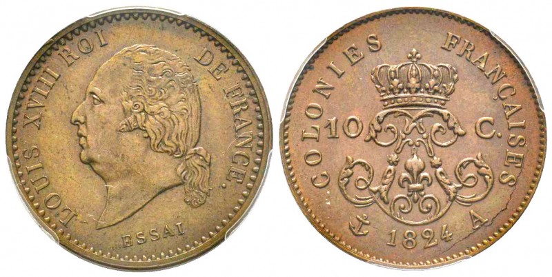 Louis XVIII 1815-1824
Essai de 10 centimes pour les colonies, Paris, 1824 A, Cu ...