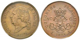 Louis XVIII 1815-1824
Essai de 10 centimes pour les colonies, Paris, 1824 A, Cu 9.6 g.
Avers : LOUIS XVIII ROI - DE FRANCE
Buste nu à gauche, au-desso...