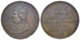 Louis XVIII 1815-1824
Module de 5 Francs 1817, visite de la duchesse d'Angoulême à la Monnaie de Paris ,Paris, 1817, AE 22.8 g.
Ref : G.615d (1989), M...