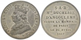 Louis XVIII 1815-1824
Module de 5 Francs visite de la duchesse d'Angoulême à la Monnaie de Paris, Paris, 1817, Étain 22.8 g.
Ref : G.615e (1989), Maz....