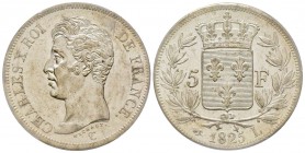 Charles X 1824-1830
5 Francs, Bayonne, 1825 L, AG 25 g.
Ref : G.643
Conservation : PCGS AU58. Rare