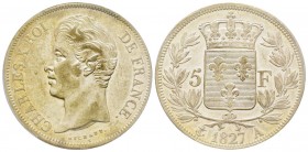 Charles X 1824-1830
5 Francs, Paris, 1827 A, AG 25 g.
Ref : G.644
Conservation : PCGS AU53