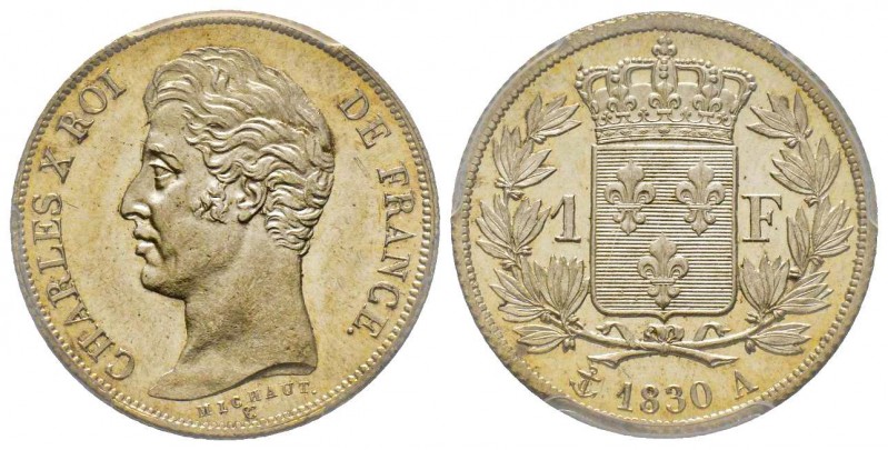 Charles X 1824-1830
1 Franc, Paris, 1830 A, AG 5 g. Cinq feuilles, tranche canne...