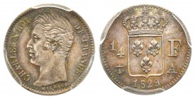 Charles X 1824-1830
1/4 Franc, Paris, 1829 A, AG 1.25 g.
Ref : G.353
Conservation : PCGS MS65