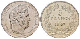 Louis Philippe 1830-1848
5 Francs, Paris, 1847 A, AG 25 g.
Ref : G.678a
Conservation : NGC MS63