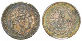 Louis Philippe 1830-1848 
1/2 Franc, Paris, 1835 A, AG 2.5 g.
Ref : G.408
Conservation : PCGS MS64+. Magnifique patine rouge