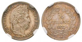Louis Philippe 1830-1848
1/4 Franc, Paris, 1832/1A, AG 1.25g. Ref : G.355
Conservation : NGC MS63