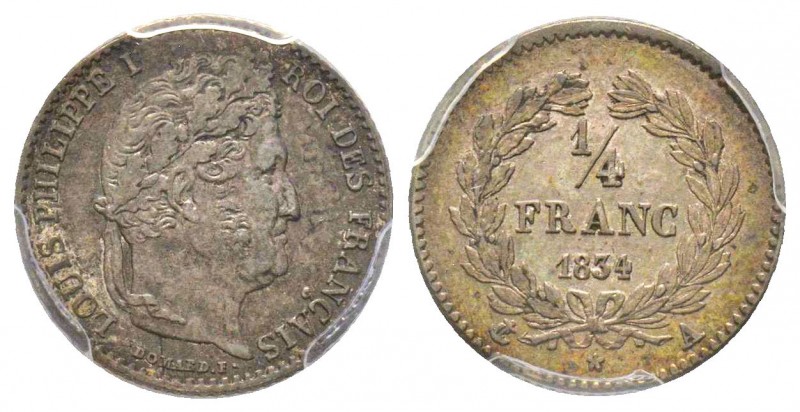 Louis Philippe 1830-1848
1/4 Franc, Paris, 1834 A, AG 1.25 g.
Ref : G.355
Conser...