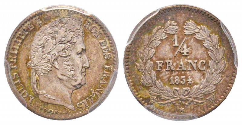 Louis Philippe 1830-1848
1/4 Franc, Lille, 1834 W, AG 1.25 g.
Ref : G.355
Conser...