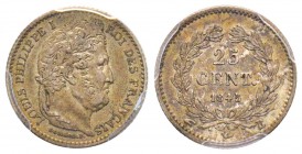 Louis Philippe 1830-1848 
25 centimes, Rouen, 1845 B, AG 1.25 g.
Ref : G.357
Conservation : PCGS AU55