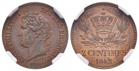 Louis Philippe 1830-1848
Essai de 2 centimes, 1842, AE 3 g.
Ref : Maz.1116
Conservation : NGC MS63 RB
