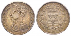 Henri V
Épreuve en argent du 1 franc, Paris, 1831, AG, 5 g.
Réf: Gadoury (1989) 451, Maz.911 (R2)
Conservation: PCGS SP58