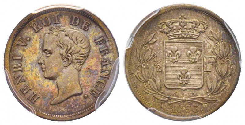 Henri V
Épreuve en argent du 1/2 Franc, 1833, AG, 2.38 g.
Réf: Gadoury (1989) 40...