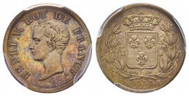 Henri V
Épreuve en argent du 1/2 Franc, 1833, AG, 2.38 g.
Réf: Gadoury (1989) 404, Maz.914 (R2)
Conservation: PCGS SP63. Rare