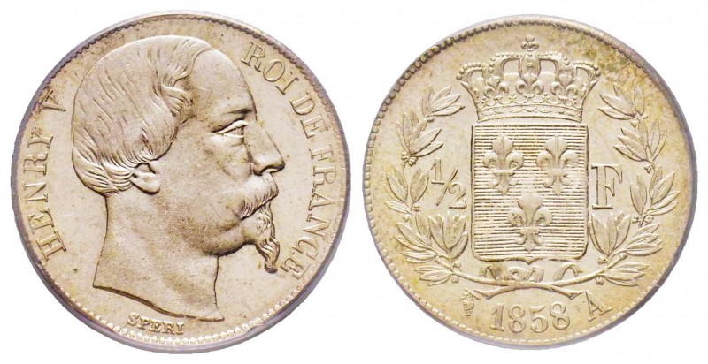 Henri V 
Épreuve en argent du 1/2 franc, Paris, 1858, AG 3.02 g.
Réf: G.(1989) 4...