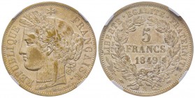 Deuxième République 1848-1852
5 Francs Cérès, Paris, 1849 A, différents: main/main, AG 25g.
Ref : G.719
Conservation : NGC AU55. Rare