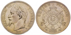 Second Empire 1852-1870
5 Francs tête laurée, Paris, 1867 A, AG 25 g.
Ref : G.739
Conservation : PCGS MS63
