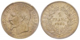 Second Empire 1852-1870
1 Franc main, Paris, 1860 A, AG 5 g.
Ref : G.460
Conservation : PCGS MS64