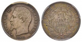 Second Empire 1852-1870
50 Centimes, Paris, 1858 A, AG 2.5 g. 
Ref : G.412 
Conservation : PCGS MS63