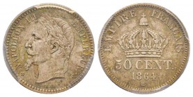 Second Empire 1852-1870
50 Centimes, Strasbourg, 1864 BB, AG 2.5 g. 
Ref : G.417
Conservation : PCGS MS65