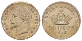Second Empire 1852-1870
50 Centimes, Paris, 1868 A, AG 2.5 g. 
Ref : G.417
Conservation : PCGS MS63
