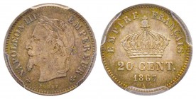 Second Empire 1852-1870
20 Centimes, Paris, 1867 A, AG 1 g.
Ref : G.309
Conservation : PCGS MS66. Rarissime dans cet état.